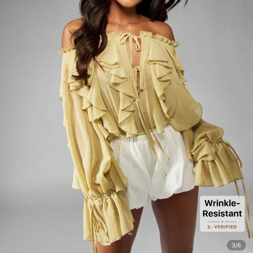 Chiffon Ruffle Long Sleeve Bardot Bodysuit